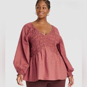 Ava & Viv Clay Red & Pink Print Smocked Blouse Size 1X